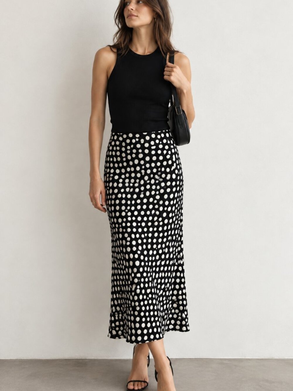 Zara Black White Polka Dot Flowy Maxi Midi Skirt Size M